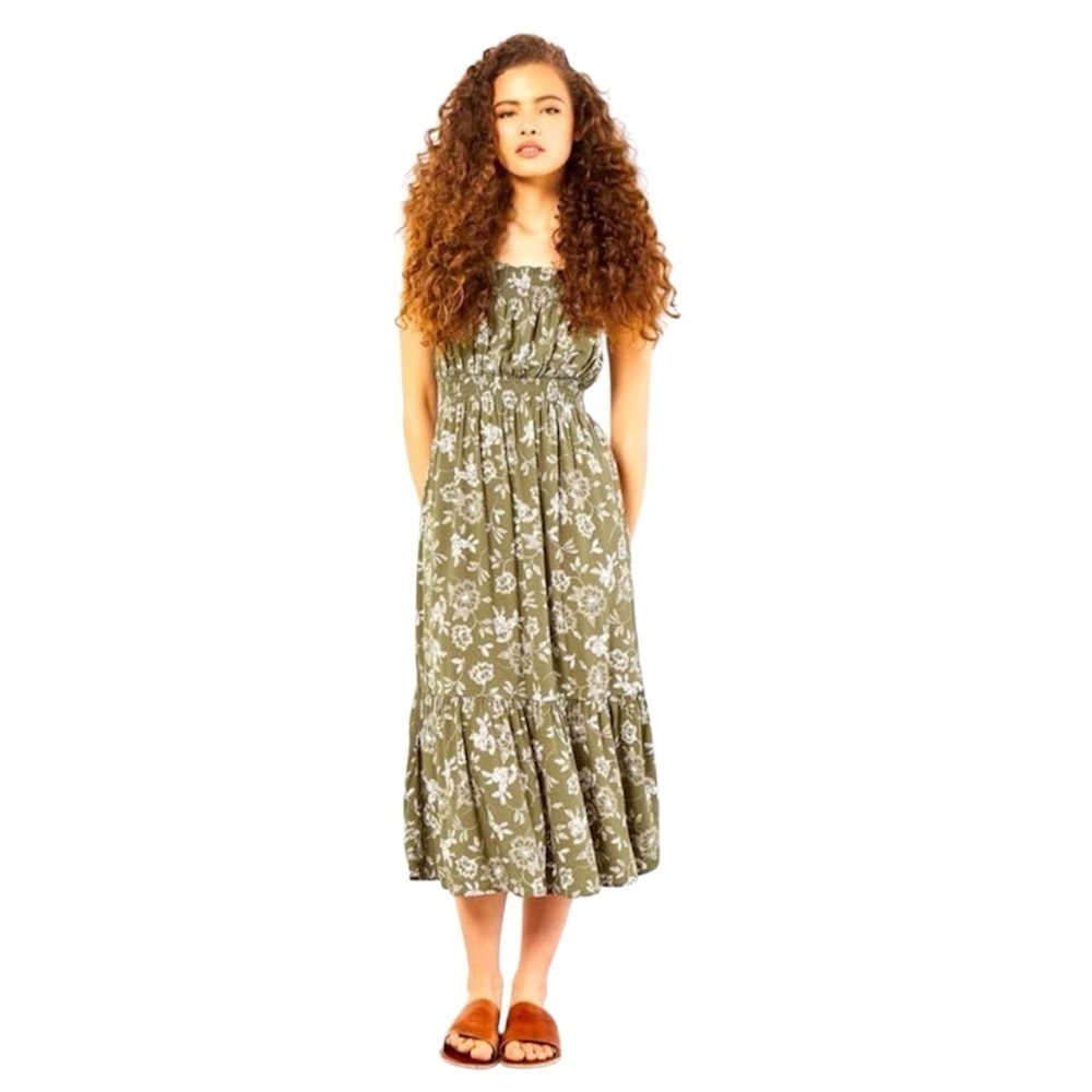 🆕 PATRONS OF PEACE Floral Silhouette Smocked Midi Dress SIZE SMALL